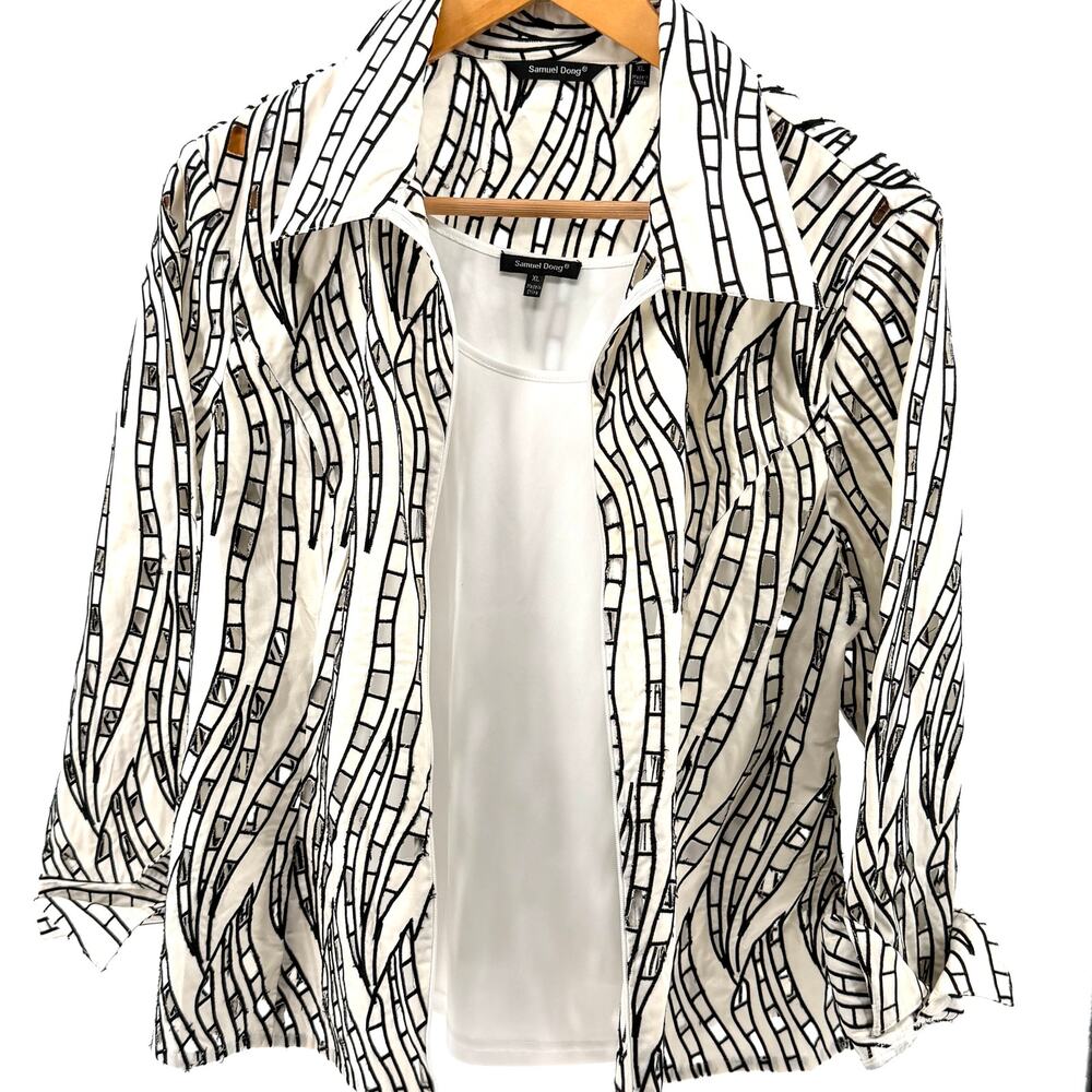 Samuel Dong White Black Graphic Embroidered Cutout Zip Front Jacket Set